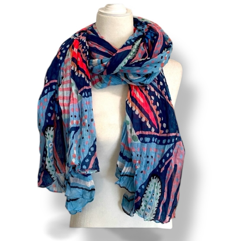 Colorful Bohemian Blue Pink Peach Patterned Bohemian Artsy Scarf Abstract Design